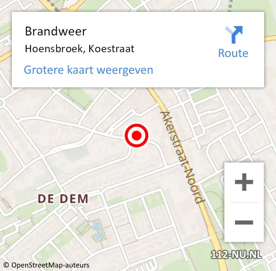 Locatie op kaart van de 112 melding: Brandweer Hoensbroek, Koestraat op 13 mei 2014 18:58