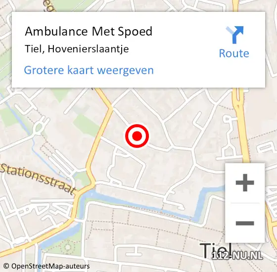 Locatie op kaart van de 112 melding: Ambulance Met Spoed Naar Tiel, Hovenierslaantje op 26 juli 2020 22:03