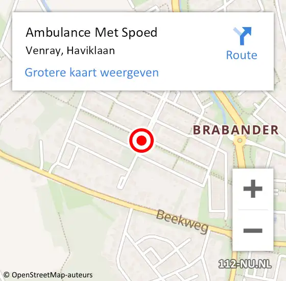 Locatie op kaart van de 112 melding: Ambulance Met Spoed Naar Venray, Haviklaan op 27 juli 2020 15:49