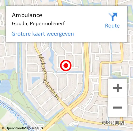 Locatie op kaart van de 112 melding: Ambulance Gouda, Pepermolenerf op 28 juli 2020 11:32