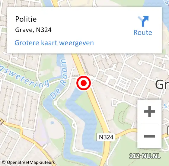 Locatie op kaart van de 112 melding: Politie Grave, N324 op 31 juli 2020 15:56