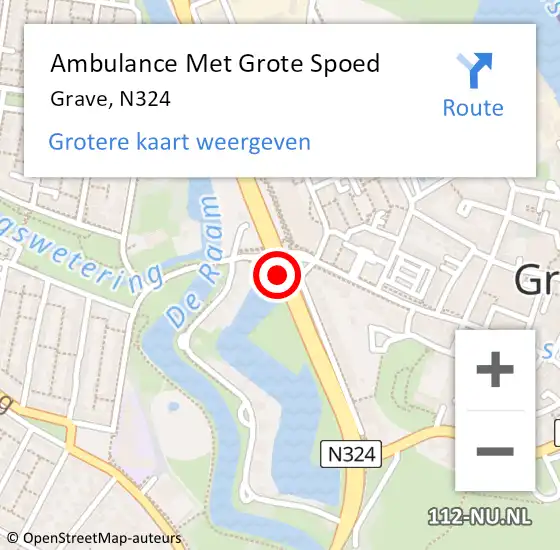 Locatie op kaart van de 112 melding: Ambulance Met Grote Spoed Naar Grave, N324 op 31 juli 2020 15:57