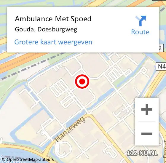 Locatie op kaart van de 112 melding: Ambulance Met Spoed Naar Gouda, Doesburgweg op 1 augustus 2020 00:03