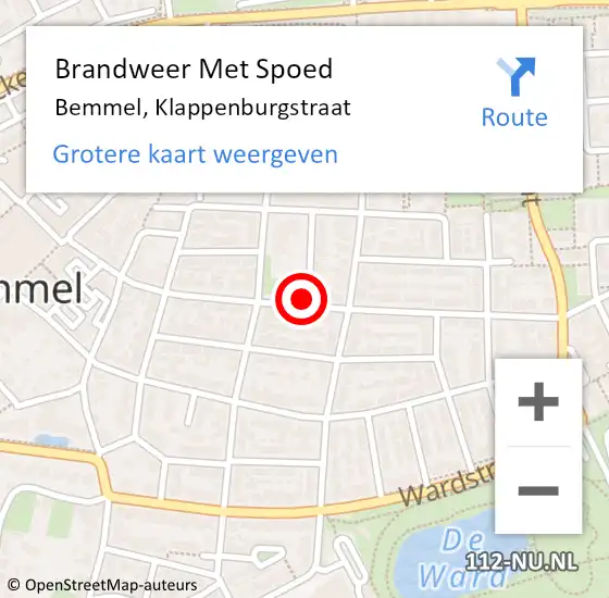 Locatie op kaart van de 112 melding: Brandweer Met Spoed Naar Bemmel, Klappenburgstraat op 2 augustus 2020 08:42