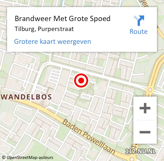 Locatie op kaart van de 112 melding: Brandweer Met Grote Spoed Naar Tilburg, Purperstraat op 2 augustus 2020 22:37