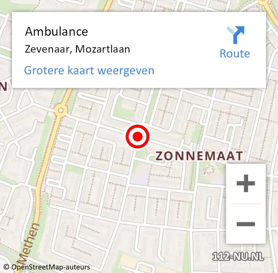 Locatie op kaart van de 112 melding: Ambulance Zevenaar, Mozartlaan op 3 augustus 2020 12:42