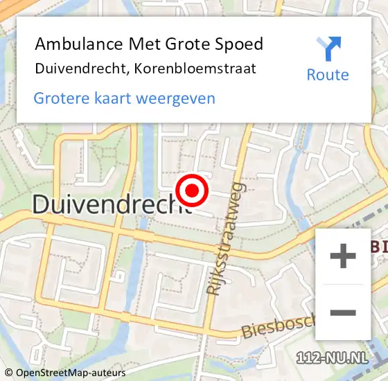 Locatie op kaart van de 112 melding: Ambulance Met Grote Spoed Naar Duivendrecht, Korenbloemstraat op 3 augustus 2020 16:02