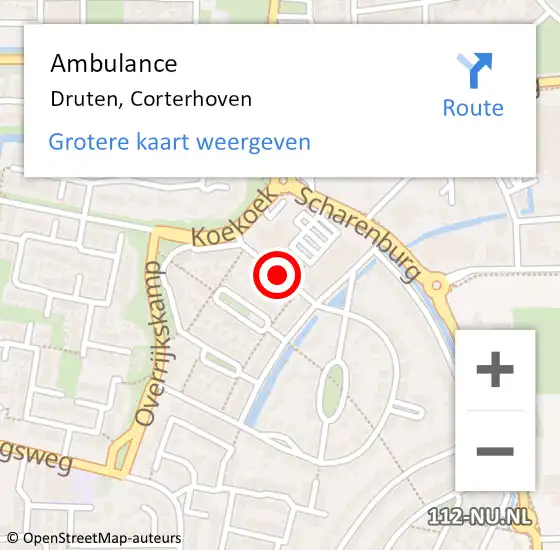 Locatie op kaart van de 112 melding: Ambulance Druten, Corterhoven op 4 augustus 2020 07:35