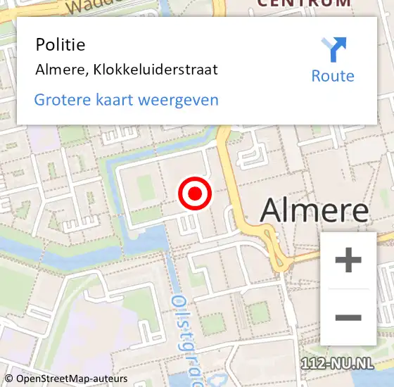 Locatie op kaart van de 112 melding: Politie Almere, Klokkeluiderstraat op 5 augustus 2020 13:53