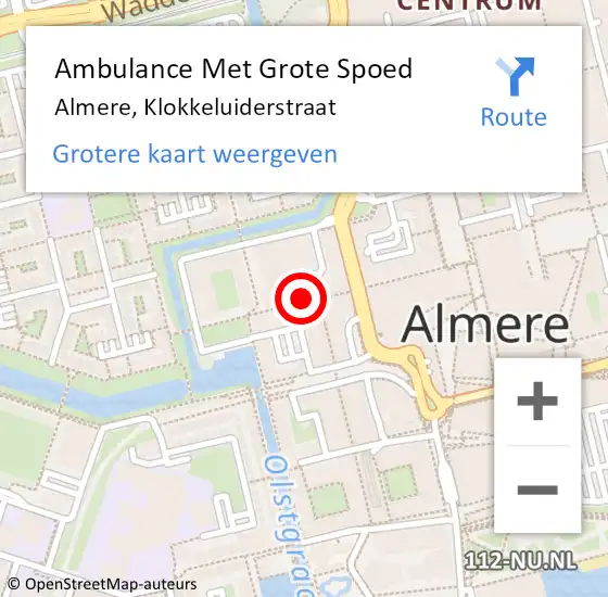 Locatie op kaart van de 112 melding: Ambulance Met Grote Spoed Naar Almere, Klokkeluiderstraat op 5 augustus 2020 13:57