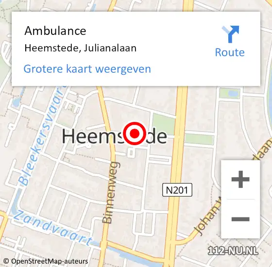 Locatie op kaart van de 112 melding: Ambulance Heemstede, Julianalaan op 6 augustus 2020 15:54