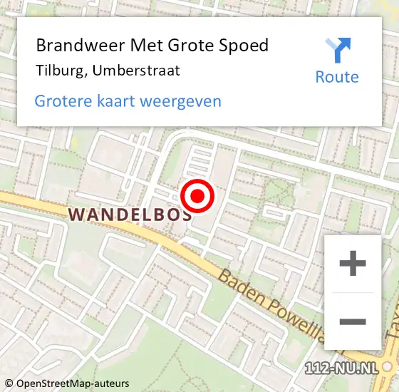 Locatie op kaart van de 112 melding: Brandweer Met Grote Spoed Naar Tilburg, Umberstraat op 6 augustus 2020 19:22
