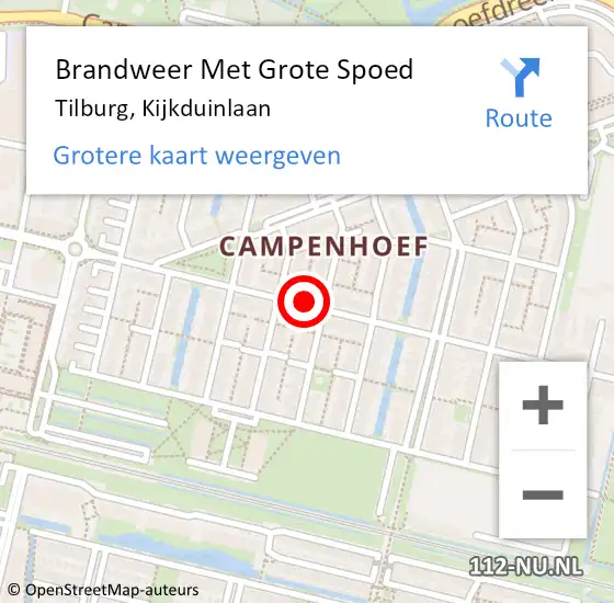 Locatie op kaart van de 112 melding: Brandweer Met Grote Spoed Naar Tilburg, Kijkduinlaan op 7 augustus 2020 04:19