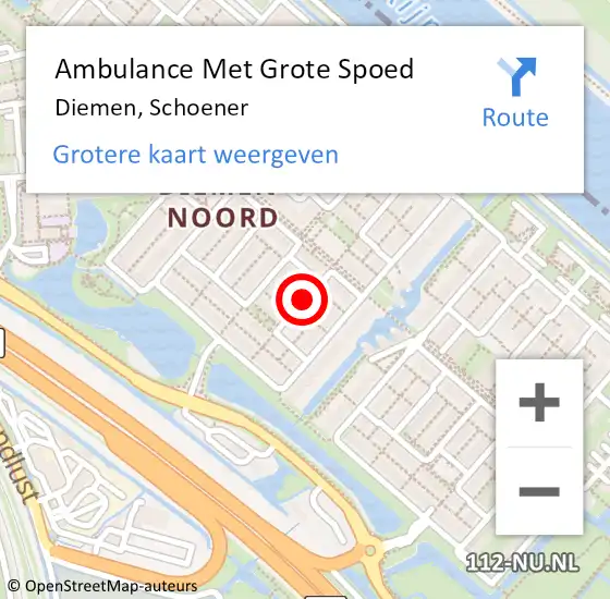 Locatie op kaart van de 112 melding: Ambulance Met Grote Spoed Naar Diemen, Schoener op 8 augustus 2020 12:23