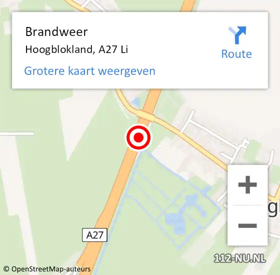 Locatie op kaart van de 112 melding: Brandweer Hoogblokland, A27 Li op 8 augustus 2020 16:49