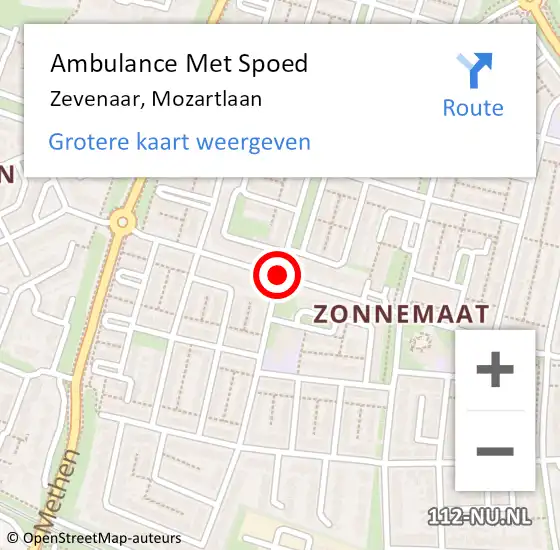 Locatie op kaart van de 112 melding: Ambulance Met Spoed Naar Zevenaar, Mozartlaan op 9 augustus 2020 09:54