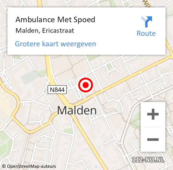 Locatie op kaart van de 112 melding: Ambulance Met Spoed Naar Malden, Ericastraat op 10 augustus 2020 08:33