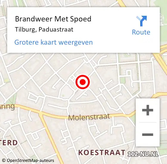 Locatie op kaart van de 112 melding: Brandweer Met Spoed Naar Tilburg, Paduastraat op 11 augustus 2020 14:36