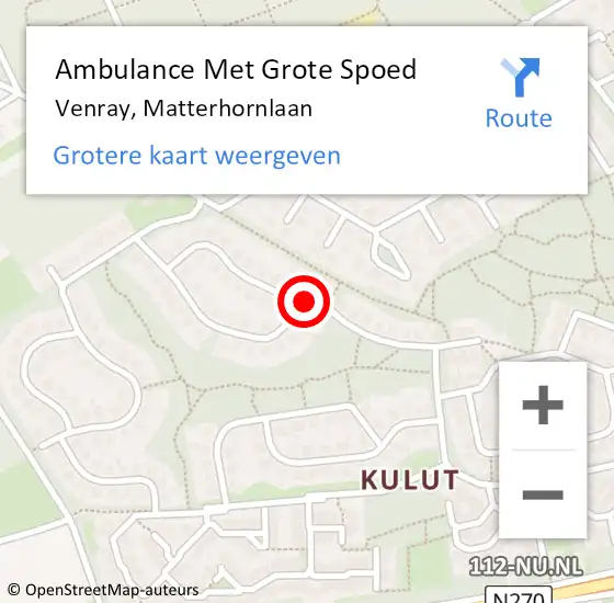 Locatie op kaart van de 112 melding: Ambulance Met Grote Spoed Naar Venray, Matterhornlaan op 11 augustus 2020 19:10