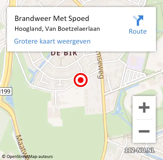 Locatie op kaart van de 112 melding: Brandweer Met Spoed Naar Hoogland, Van Boetzelaerlaan op 11 augustus 2020 19:40