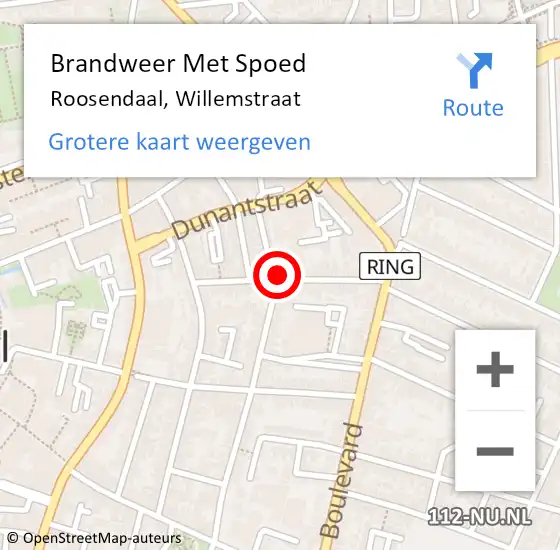 Locatie op kaart van de 112 melding: Brandweer Met Spoed Naar Roosendaal, Willemstraat op 11 augustus 2020 21:25