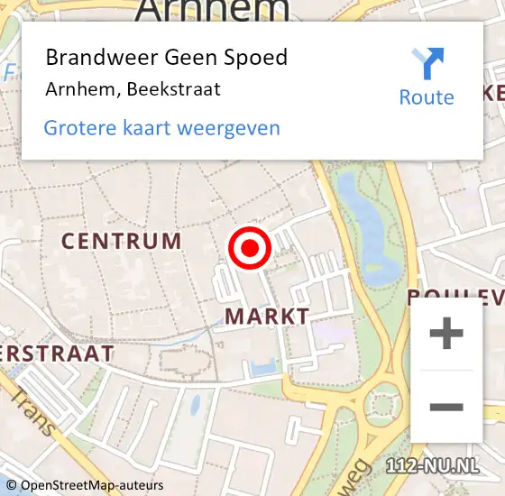 Locatie op kaart van de 112 melding: Brandweer Geen Spoed Naar Arnhem, Beekstraat op 12 augustus 2020 13:13