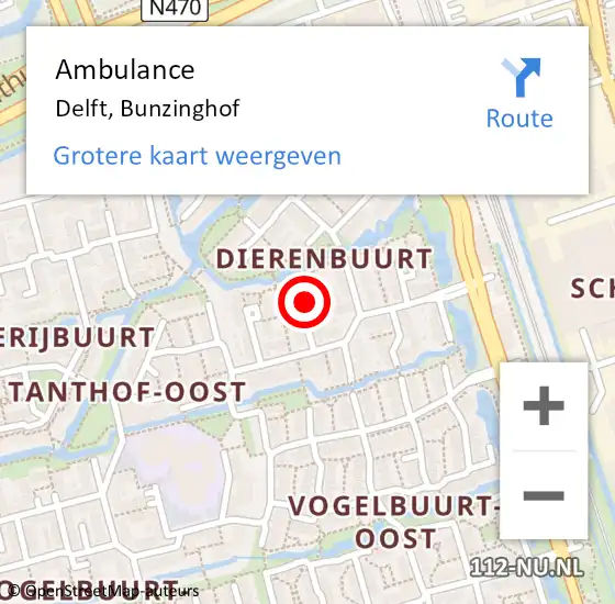 Locatie op kaart van de 112 melding: Ambulance Delft, Bunzinghof op 12 augustus 2020 14:23