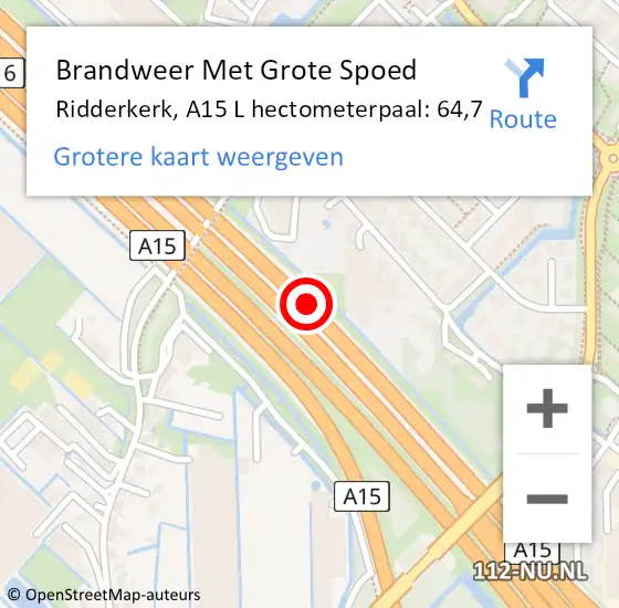Locatie op kaart van de 112 melding: Brandweer Met Grote Spoed Naar Ridderkerk, A15 Re hectometerpaal: 66,2 op 12 augustus 2020 16:12