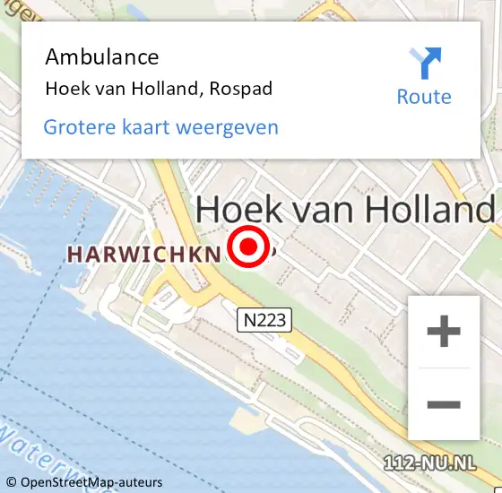 Locatie op kaart van de 112 melding: Ambulance Hoek van Holland, Rospad op 13 augustus 2020 08:52