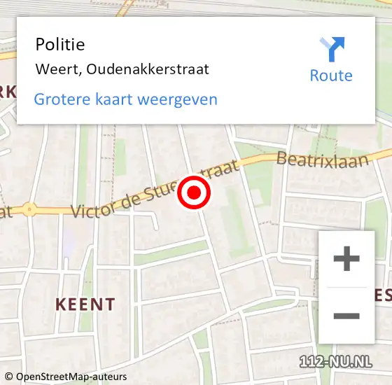 Locatie op kaart van de 112 melding: Politie Weert, Oudenakkerstraat op 14 augustus 2020 08:54