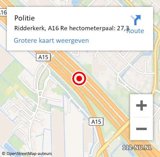 Locatie op kaart van de 112 melding: Politie Ridderkerk, A16 Re hectometerpaal: 27,3 op 14 augustus 2020 13:16