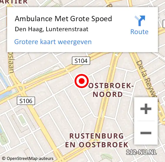 Locatie op kaart van de 112 melding: Ambulance Met Grote Spoed Naar Den Haag, Lunterenstraat op 14 augustus 2020 23:15