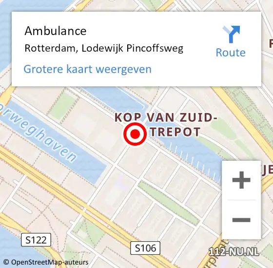 Locatie op kaart van de 112 melding: Ambulance Rotterdam, Lodewijk Pincoffsweg op 16 augustus 2020 23:32
