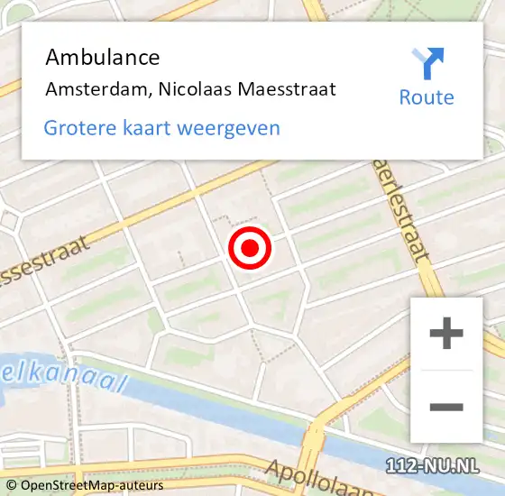 Locatie op kaart van de 112 melding: Ambulance Amsterdam, Nicolaas Maesstraat op 17 augustus 2020 12:46
