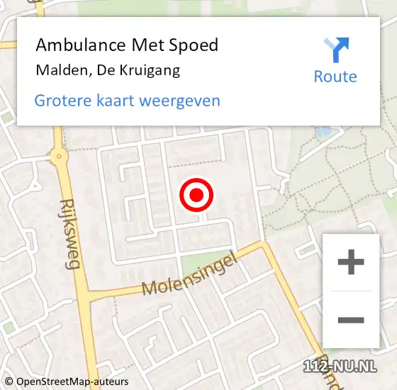 Locatie op kaart van de 112 melding: Ambulance Met Spoed Naar Malden, De Kruigang op 17 augustus 2020 15:05