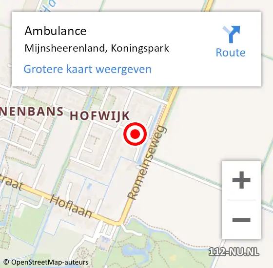 Locatie op kaart van de 112 melding: Ambulance Mijnsheerenland, Koningspark op 19 augustus 2020 10:27