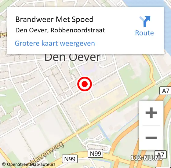 Locatie op kaart van de 112 melding: Brandweer Met Spoed Naar Den Oever, Robbenoordstraat op 19 augustus 2020 15:05