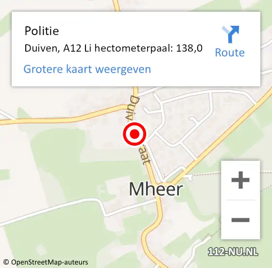 Locatie op kaart van de 112 melding: Politie Duiven, A12 Li hectometerpaal: 138,0 op 20 augustus 2020 19:15