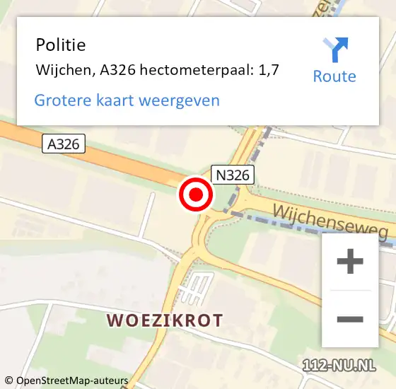 Locatie op kaart van de 112 melding: Politie Wijchen, A326 hectometerpaal: 1,7 op 21 augustus 2020 07:39