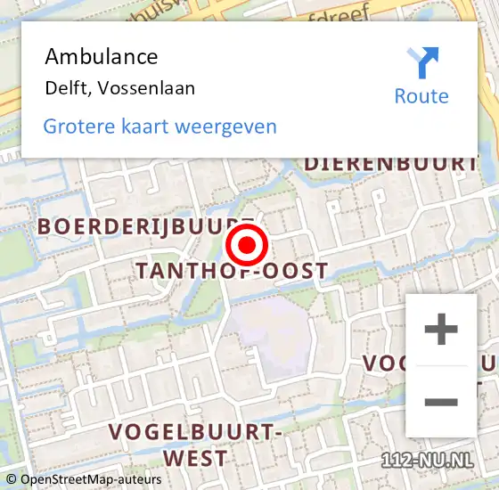 Locatie op kaart van de 112 melding: Ambulance Delft, Vossenlaan op 21 augustus 2020 13:54