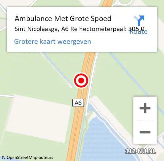 Locatie op kaart van de 112 melding: Ambulance Met Grote Spoed Naar Sint Nicolaasga, A6 Re hectometerpaal: 305,0 op 21 augustus 2020 15:00