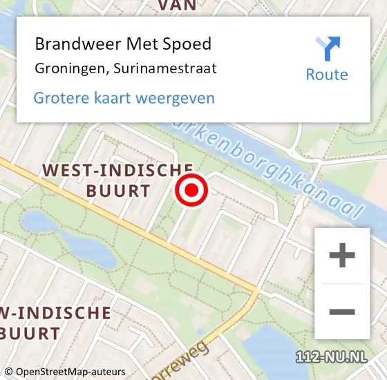 Locatie op kaart van de 112 melding: Brandweer Met Spoed Naar Groningen, Surinamestraat op 24 augustus 2020 05:16