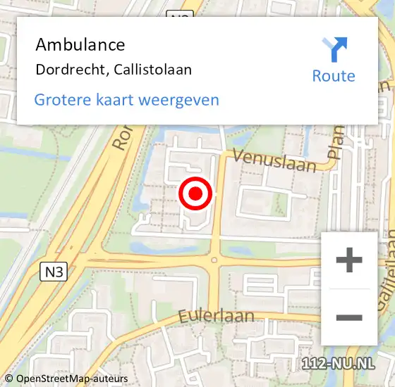 Locatie op kaart van de 112 melding: Ambulance Dordrecht, Callistolaan op 24 augustus 2020 15:03