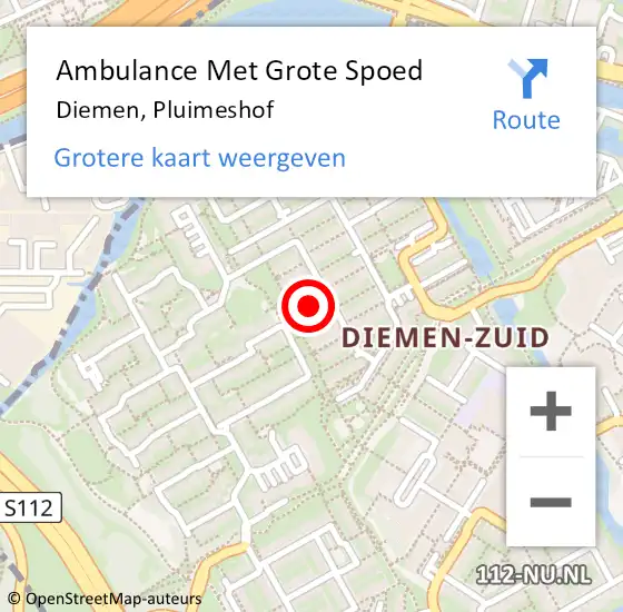 Locatie op kaart van de 112 melding: Ambulance Met Grote Spoed Naar Diemen, Pluimeshof op 25 augustus 2020 14:43