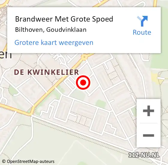 Locatie op kaart van de 112 melding: Brandweer Met Grote Spoed Naar Bilthoven, Goudvinklaan op 26 augustus 2020 17:04