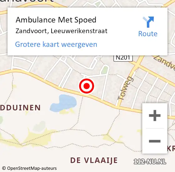 Locatie op kaart van de 112 melding: Ambulance Met Spoed Naar Zandvoort, Leeuwerikenstraat op 27 augustus 2020 03:14