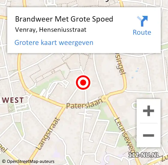 Locatie op kaart van de 112 melding: Brandweer Met Grote Spoed Naar Venray, Henseniusstraat op 27 augustus 2020 04:56