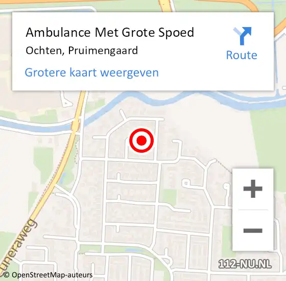 Locatie op kaart van de 112 melding: Ambulance Met Grote Spoed Naar Ochten, Pruimengaard op 28 augustus 2020 11:54