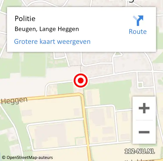 Locatie op kaart van de 112 melding: Politie Beugen, Lange Heggen op 29 augustus 2020 15:06