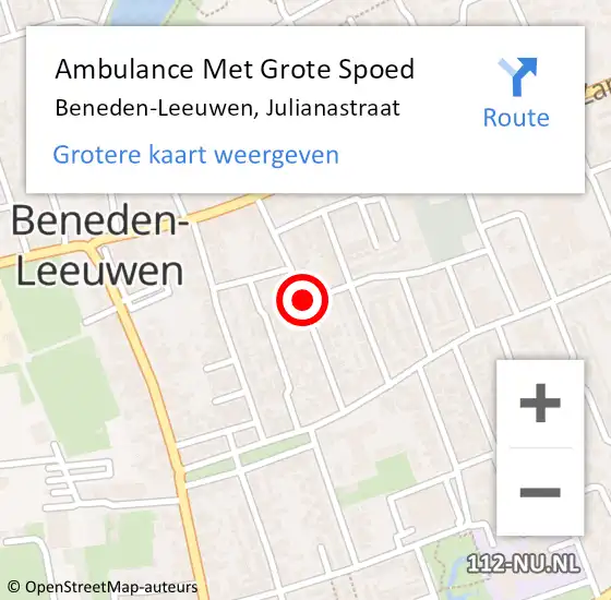 Locatie op kaart van de 112 melding: Ambulance Met Grote Spoed Naar Beneden-Leeuwen, Julianastraat op 29 augustus 2020 18:30